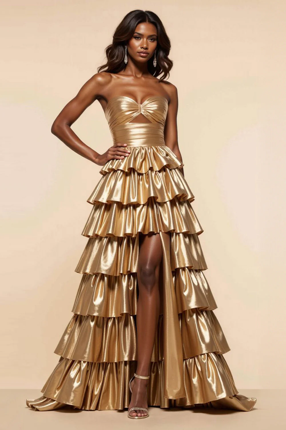 Robe de bal sans bretelles dorée à volants froncés avec fente