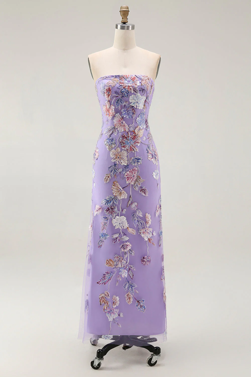 Robe de bal sans bretelles violette fourreau floral avec perles