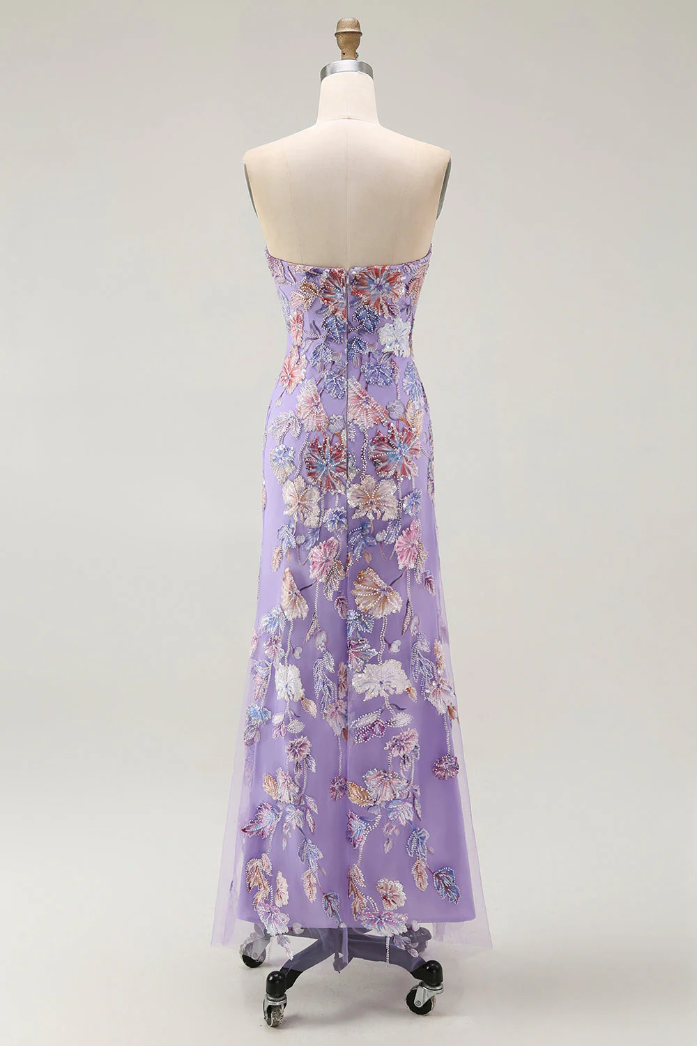 Robe de bal sans bretelles violette fourreau floral avec perles - Image 2