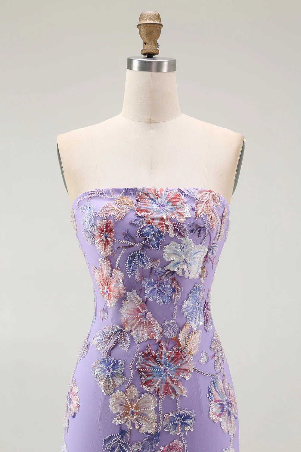 Robe de bal sans bretelles violette fourreau floral avec perles - Image 6