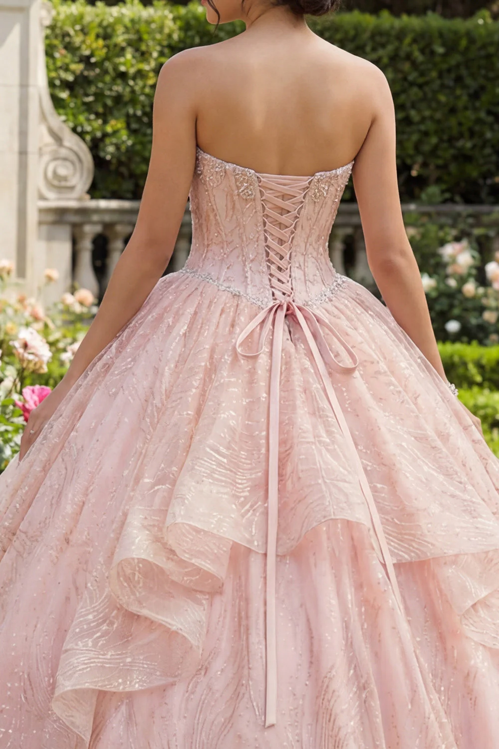Robe de bal sans bustiers, perles et volants, robe quinceañera rose - Image 4