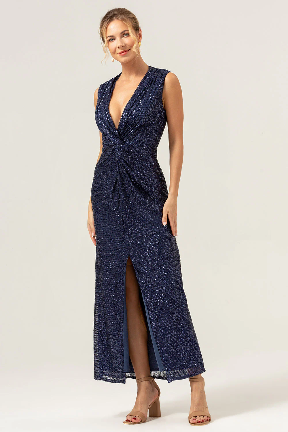 Robe de bal scintillante bleu marine à paillettes à paillettes avec fente - Image 3