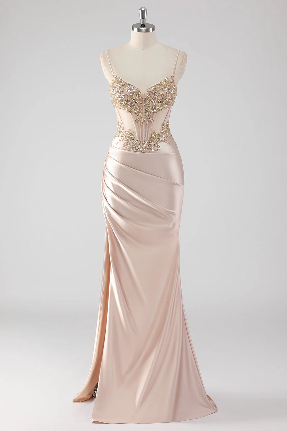 Robe de soirée longue champagne bustier scintillant à appliques avec fente