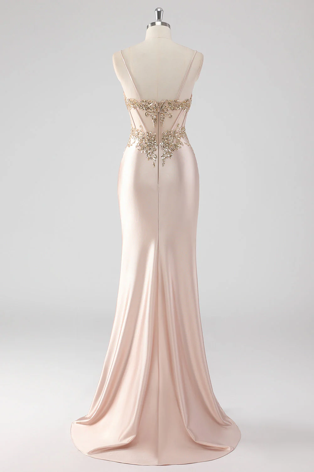 Robe de soirée longue champagne bustier scintillant à appliques avec fente - Image 2