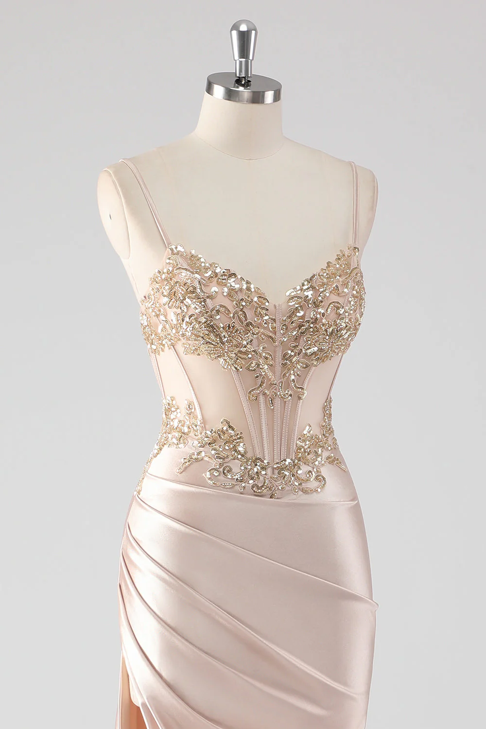 Robe de soirée longue champagne bustier scintillant à appliques avec fente - Image 6