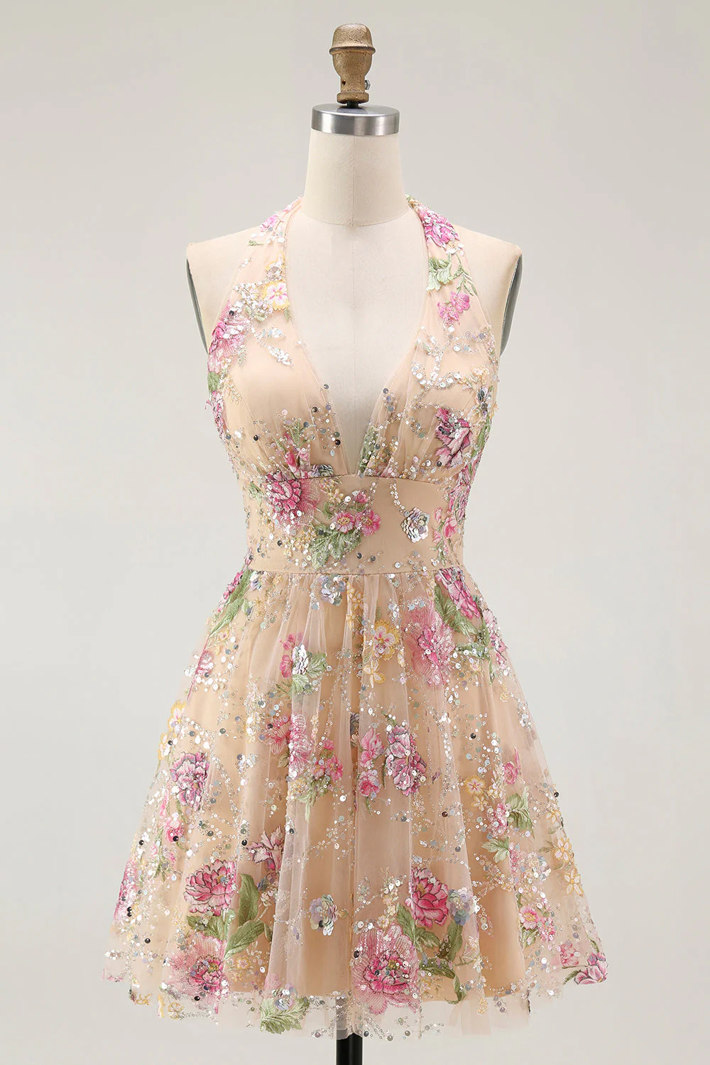 Robe de bal scintillante dos nu floral champagne une ligne à paillettes