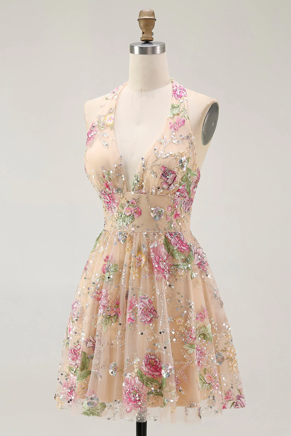 Robe de bal scintillante dos nu floral champagne une ligne à paillettes - Image 3