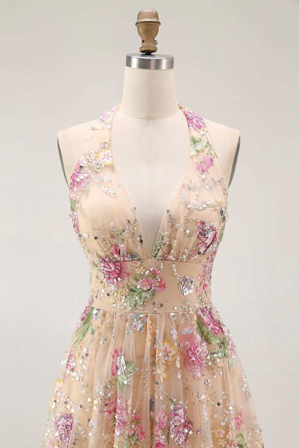 Robe de bal scintillante dos nu floral champagne une ligne à paillettes - Image 4
