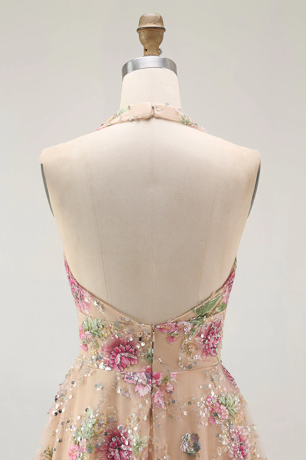 Robe de bal scintillante dos nu floral champagne une ligne à paillettes - Image 5