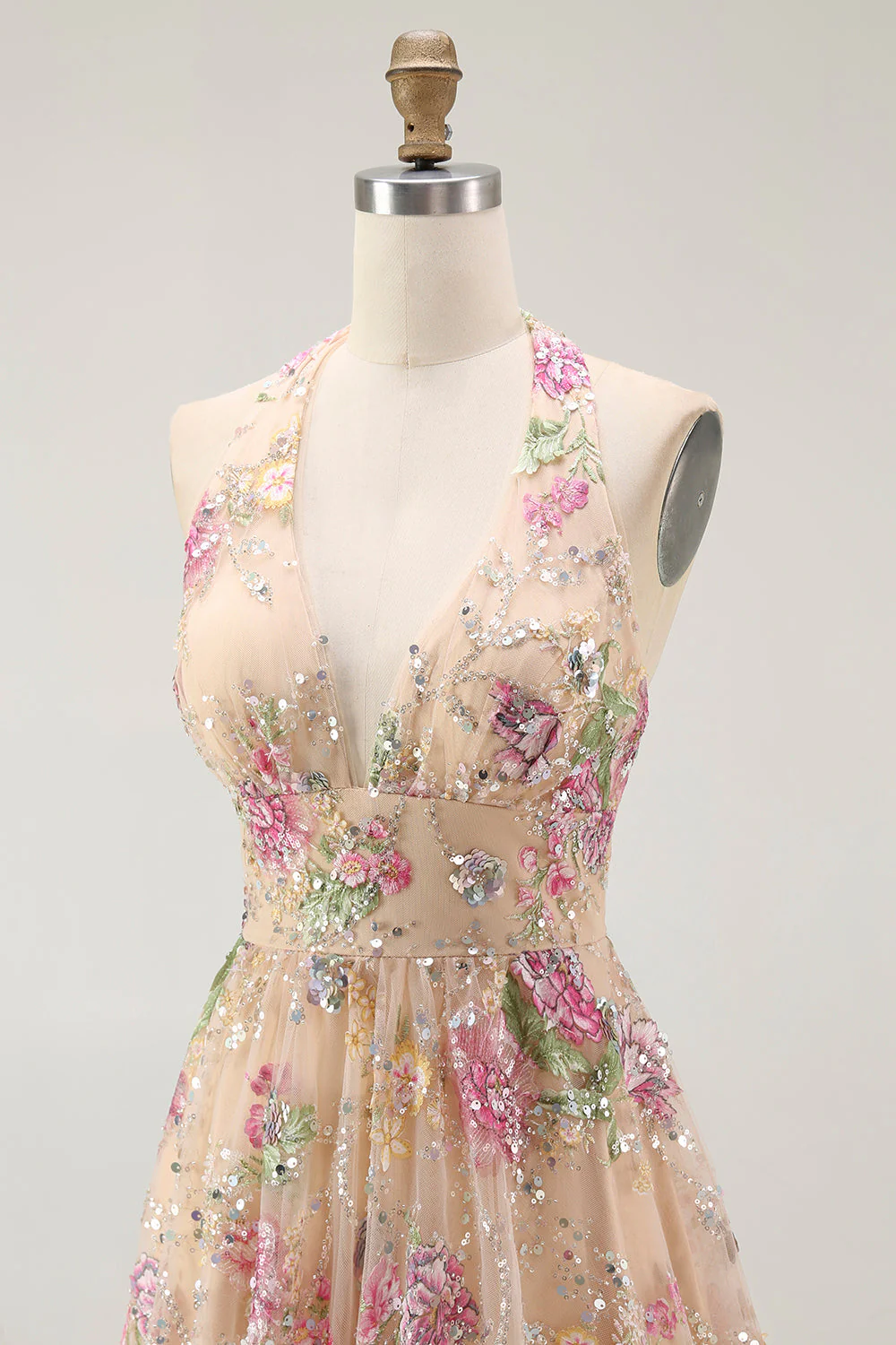 Robe de bal scintillante dos nu floral champagne une ligne à paillettes - Image 6