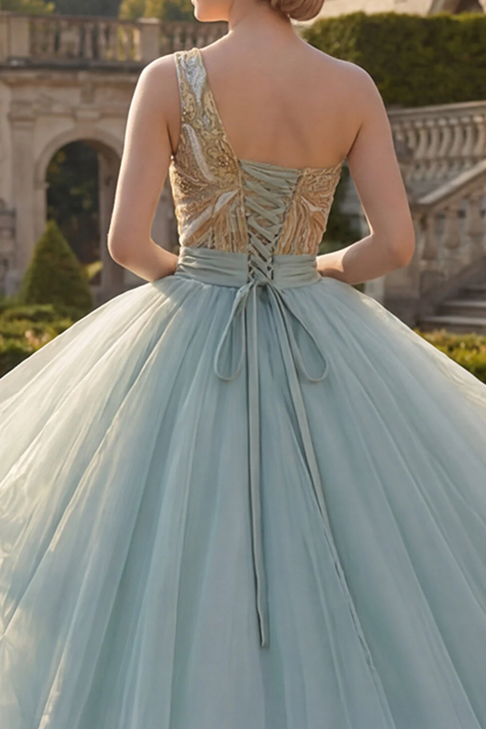 Robe de bal scintillante, robe de quinceañera bleu poussiéreux à paillettes sur une épaule - Image 4