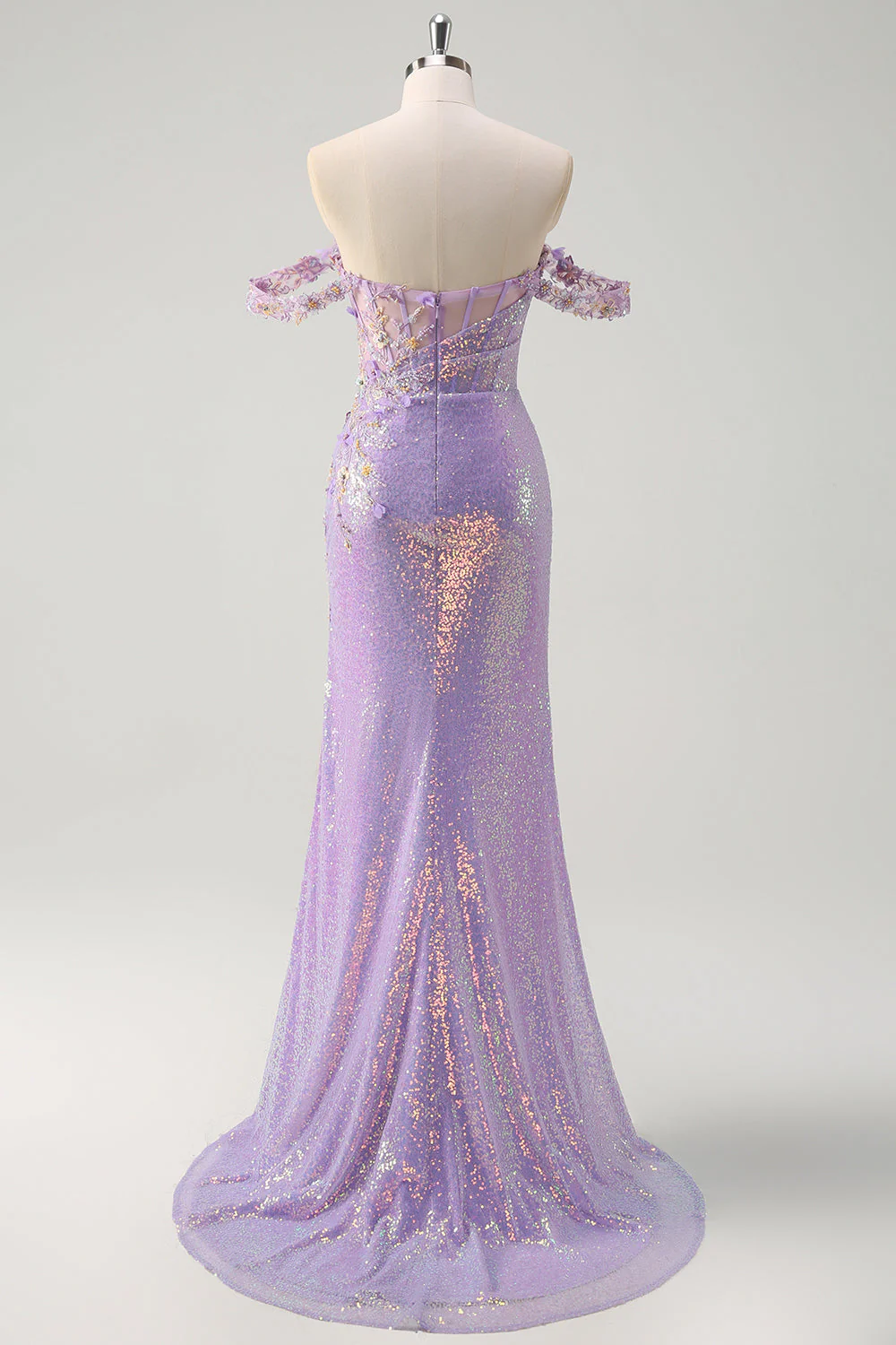 Robe de soirée scintillante sirène violet clair à paillettes à épaules dénudées avec fente - Image 2