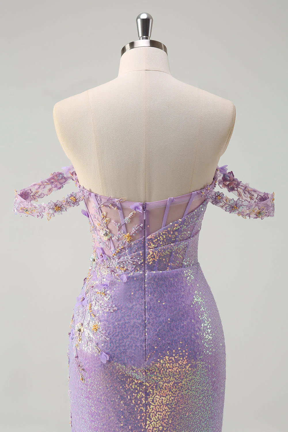 Robe de soirée scintillante sirène violet clair à paillettes à épaules dénudées avec fente - Image 5