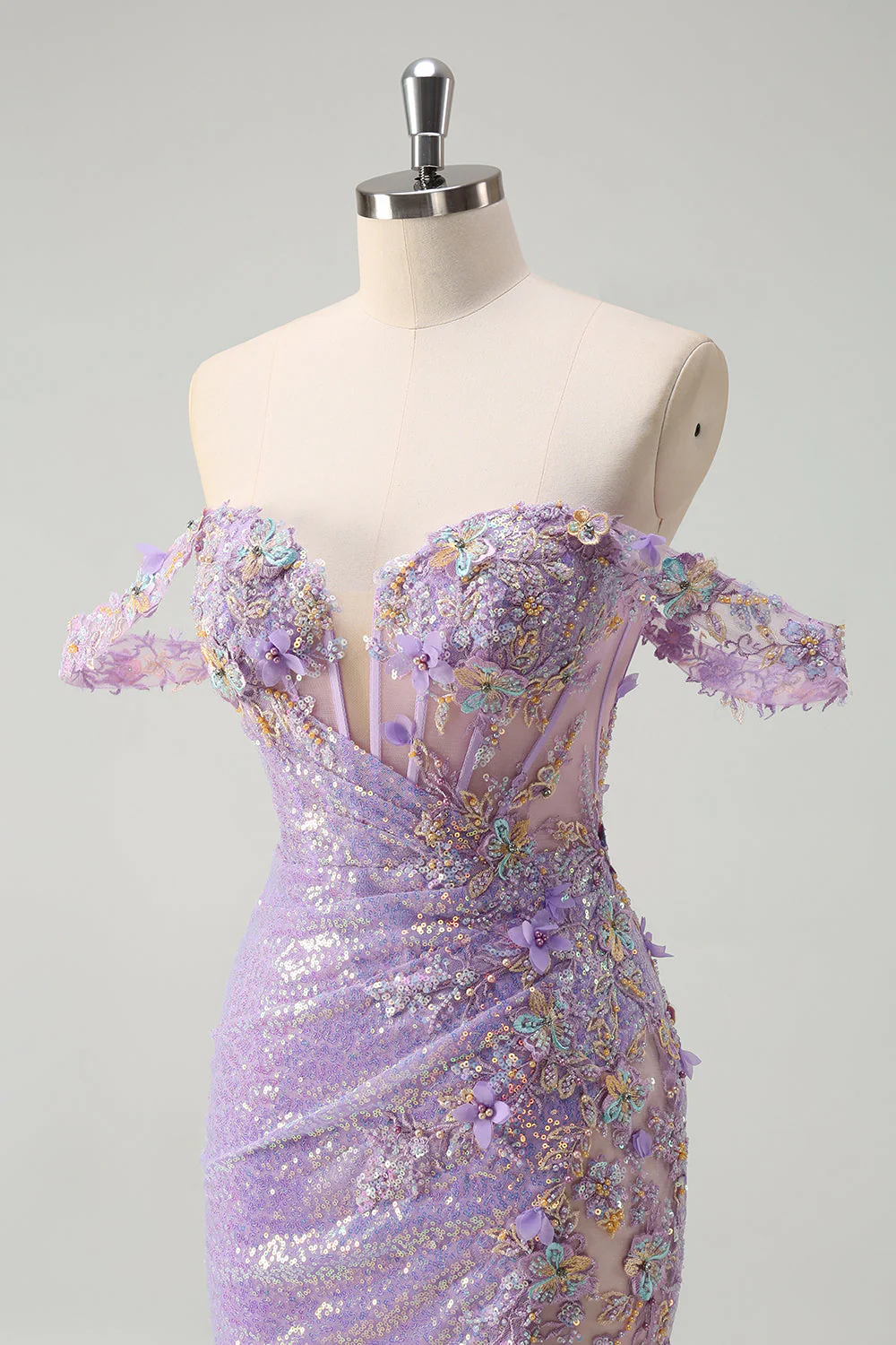 Robe de soirée scintillante sirène violet clair à paillettes à épaules dénudées avec fente - Image 6