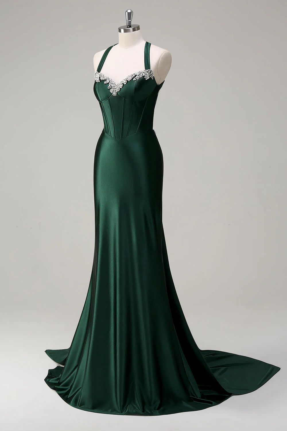 Robe de soirée scintillante vert foncé sirène dos nu corset à paillettes - Image 3