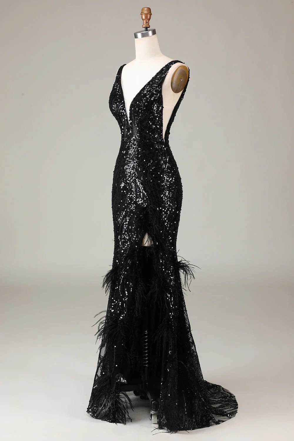 Robe de Soirée sirène à col en V Depp scintillant noir avec plumes - Image 5
