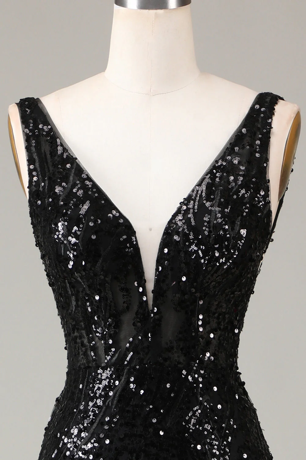 Robe de Soirée sirène à col en V Depp scintillant noir avec plumes - Image 6