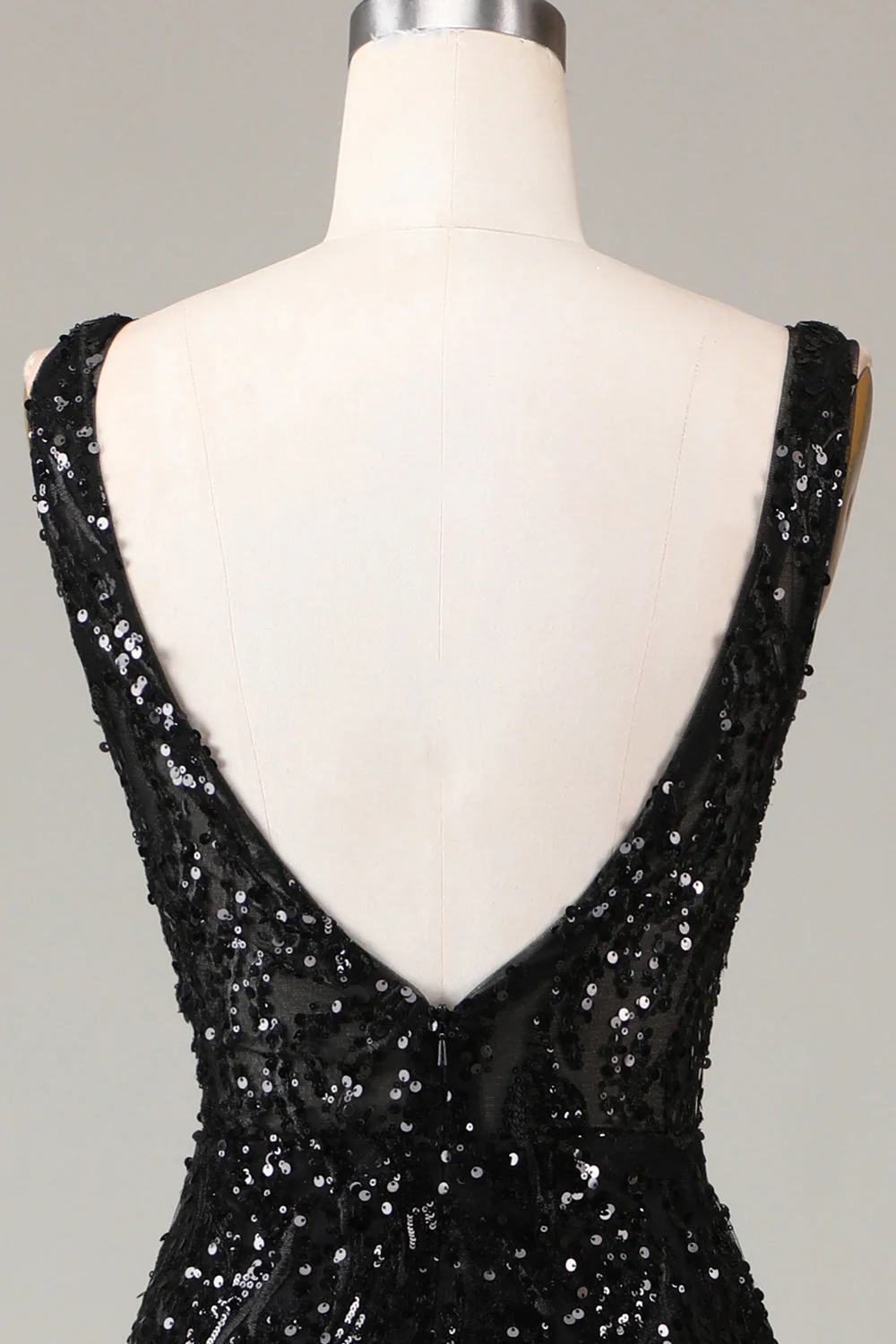 Robe de Soirée sirène à col en V Depp scintillant noir avec plumes - Image 7