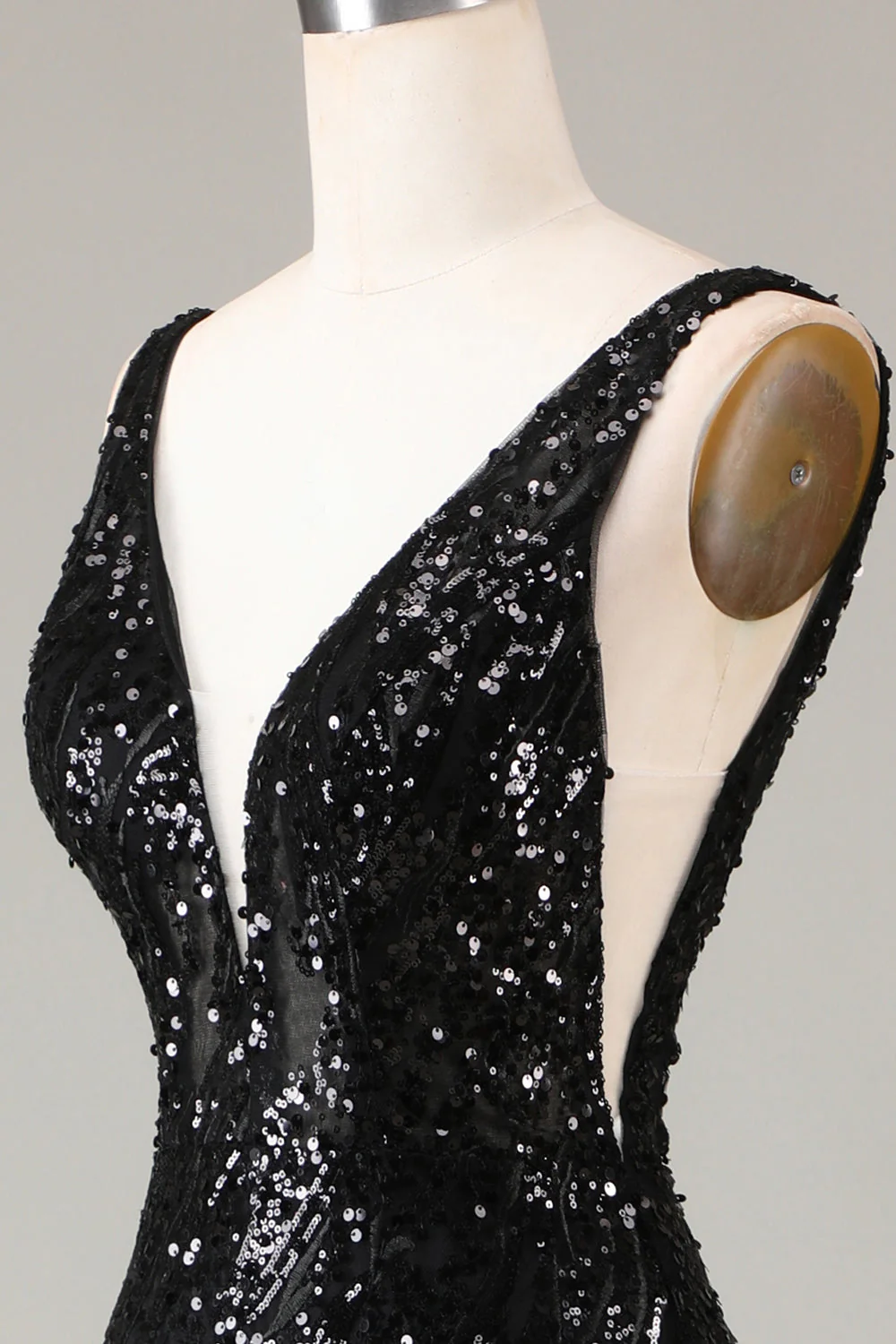 Robe de Soirée sirène à col en V Depp scintillant noir avec plumes - Image 8