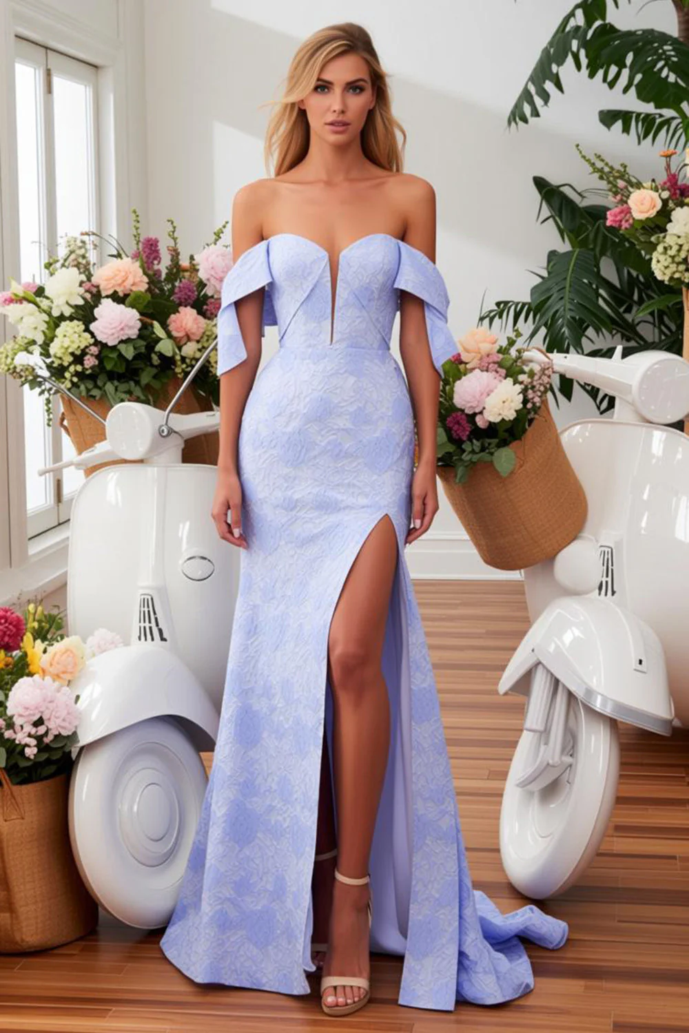 Robe de bal sirène à épaules dénudées imprimée bleue avec fente