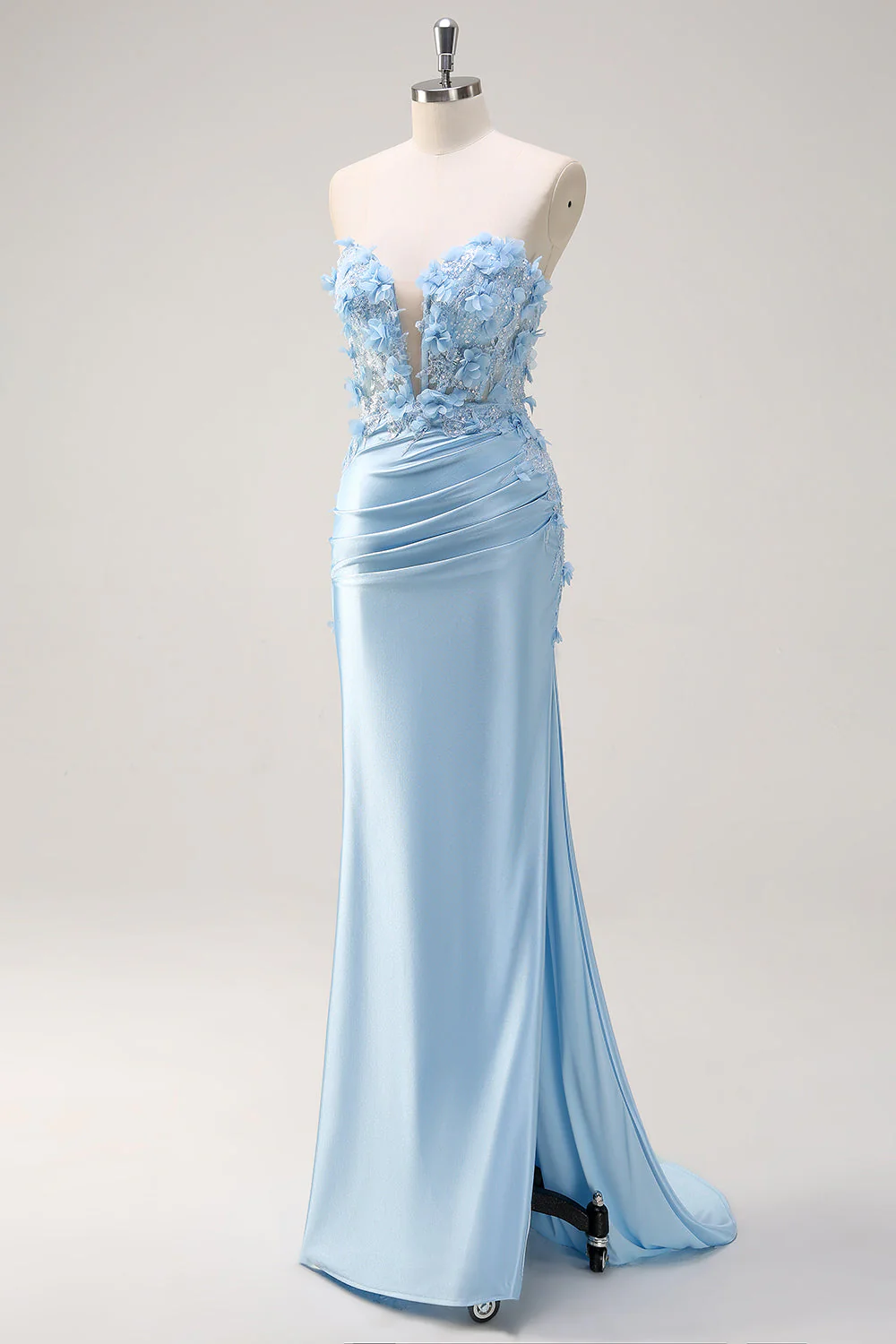 Robe de Soirée sirène bleu ciel sans bretelles à sequins avec appliques - Image 3