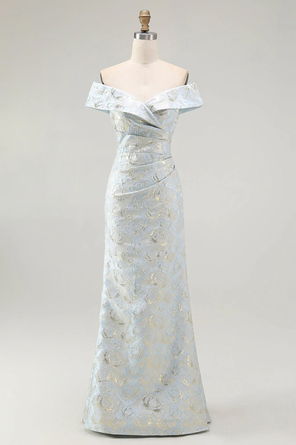 Robe de bal sirène froncée en jacquard floral bleu à épaules dénudées