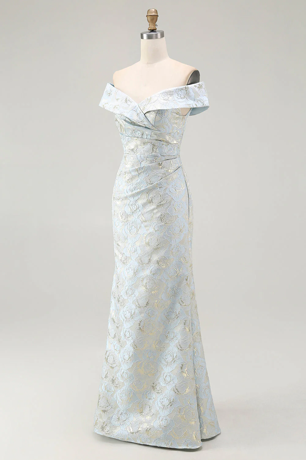 Robe de bal sirène froncée en jacquard floral bleu à épaules dénudées - Image 3