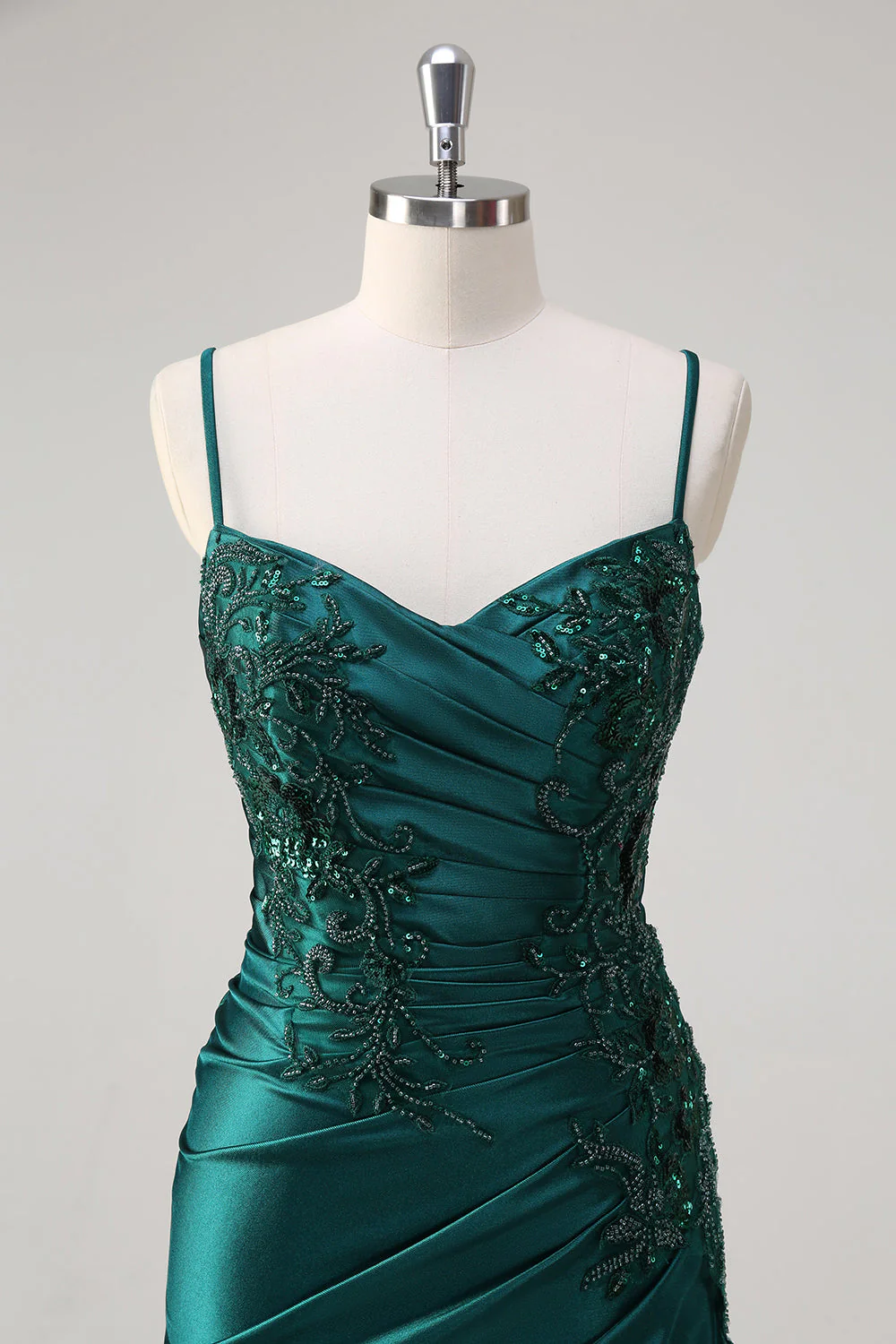 Robe de bal sirène vert foncé scintillante à bretelles spaghetti - Image 4