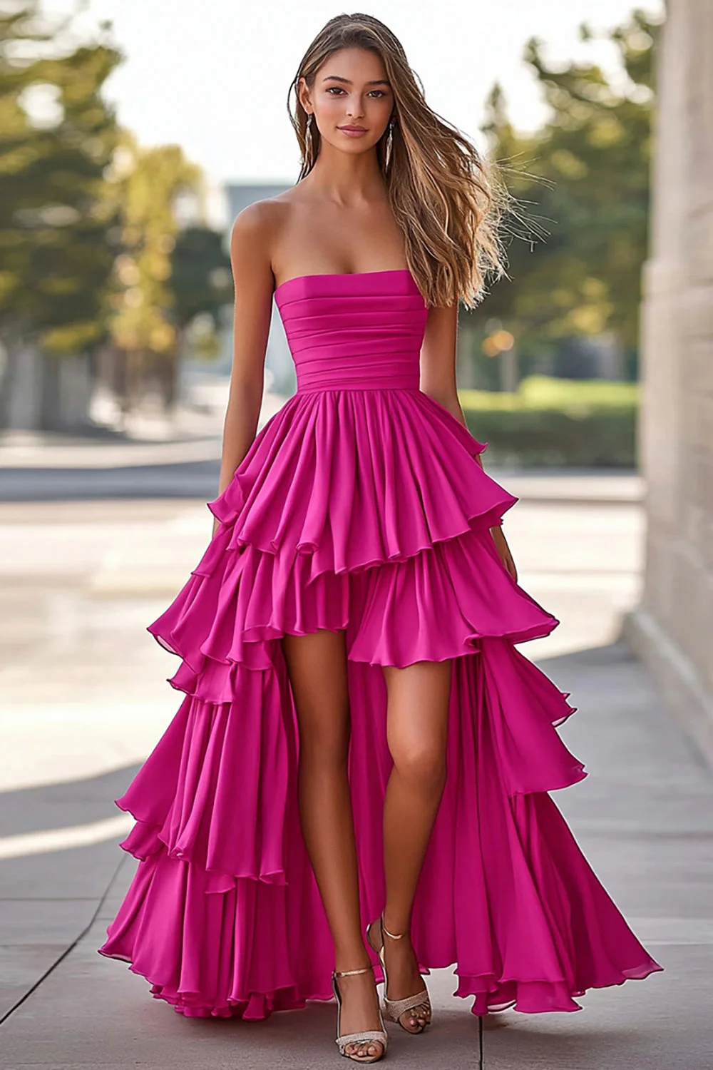 Robe de bal trapèze sans bretelles à volants froncés en satin