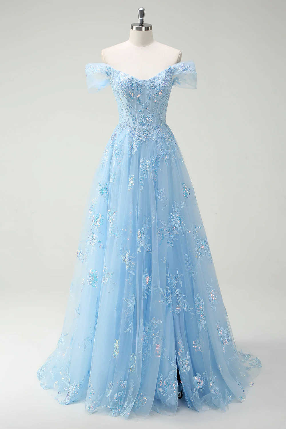 Robe de soirée trapèze bleu ciel scintillante à fente et épaules dénudées