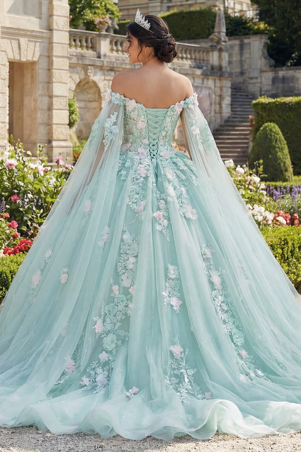 Robe de bal vert applique, épaule découssée, robe quinceañera avec manches cape - Image 2