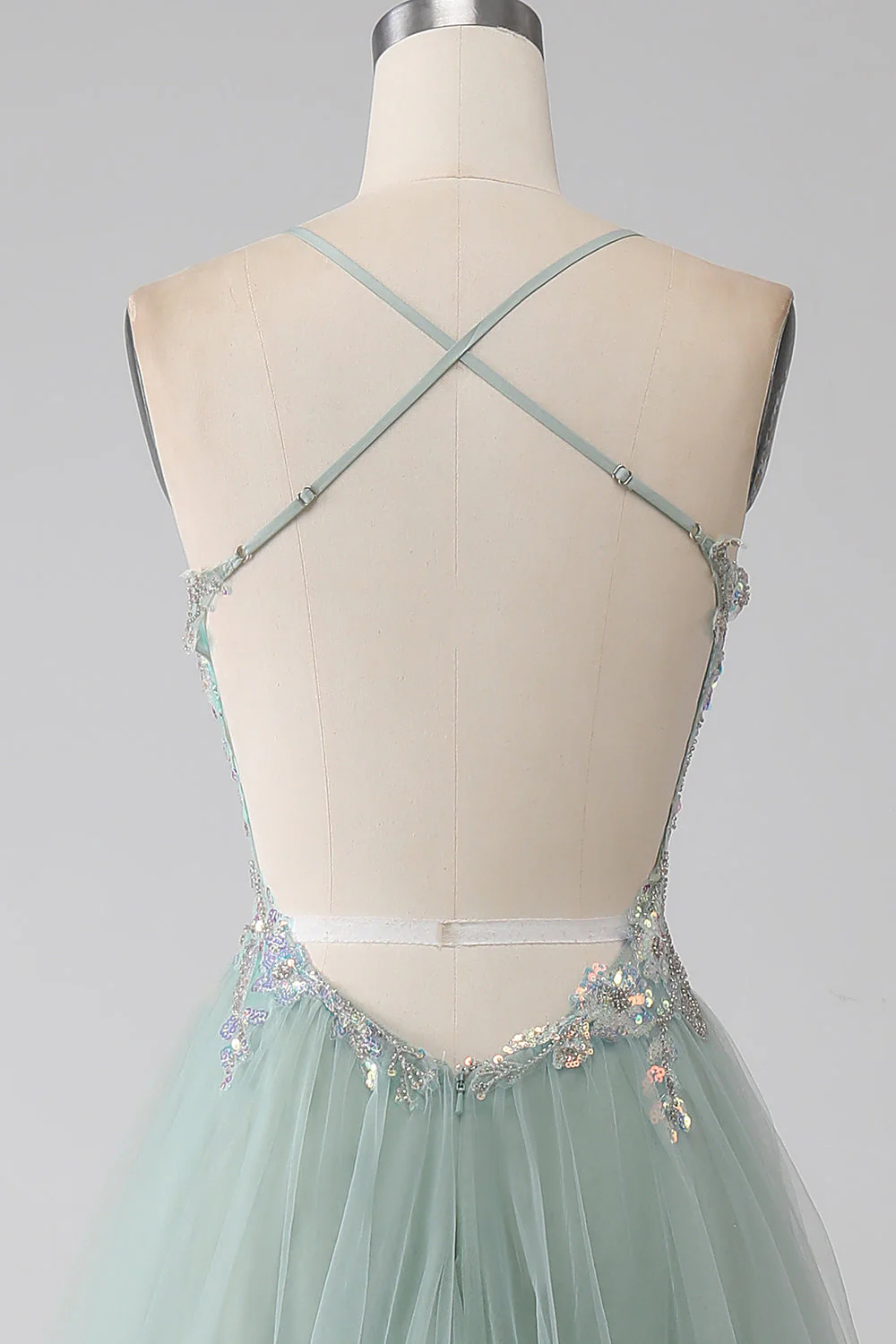 Robe de soirée vert clair perlée A-Line avec fente - Image 7