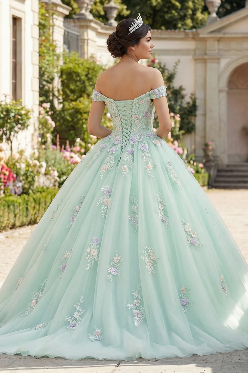 Robe de bal verte à épaules dénudée avec des fleurs 3D - Image 2