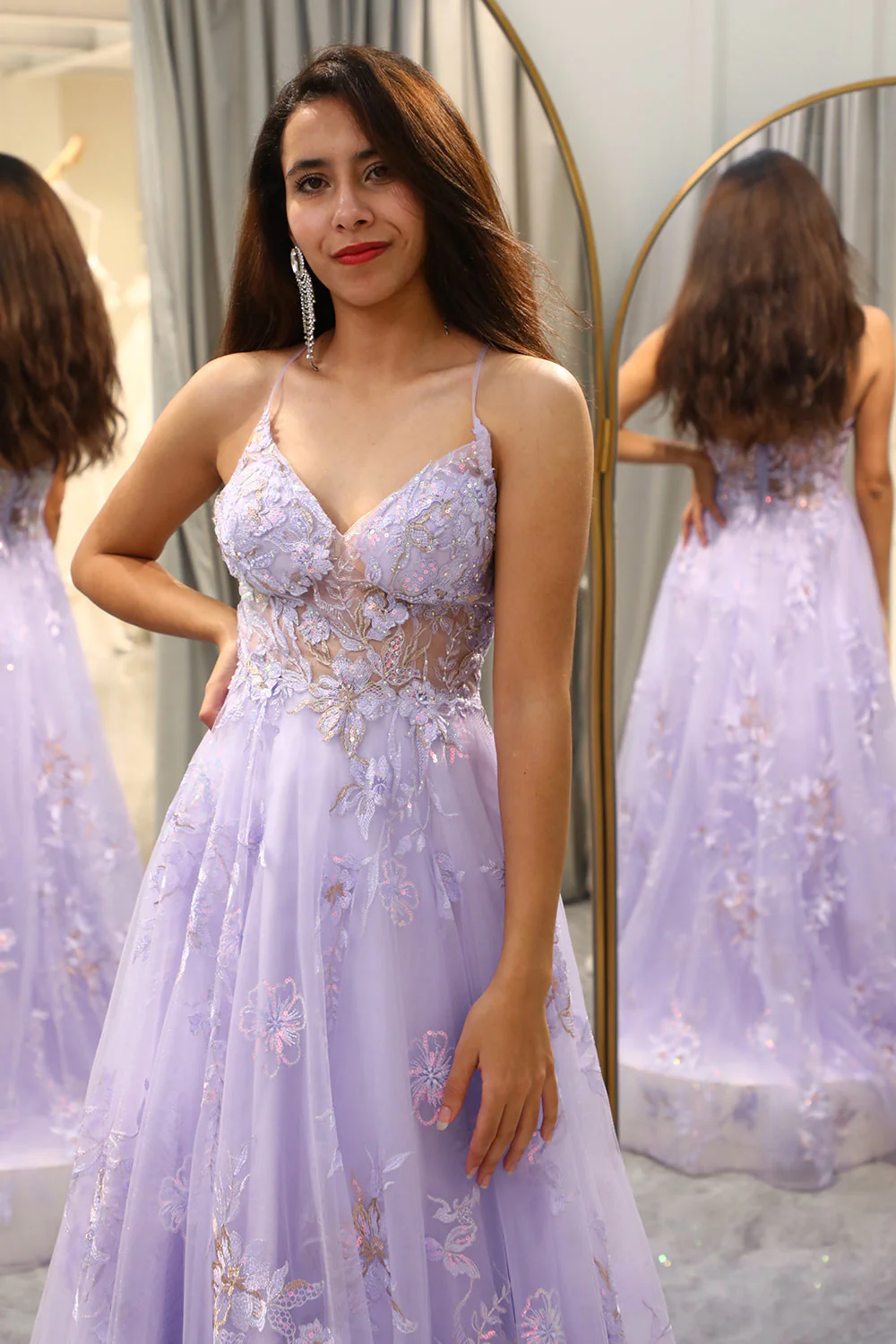 Robe de Soirée violette à paillettes trapèze avec broderie - Image 3