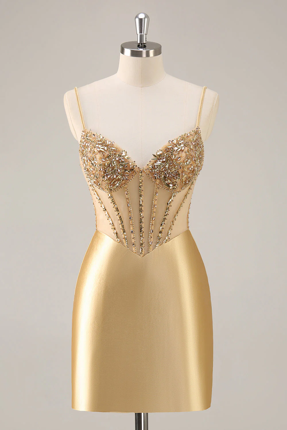 Robe de balle courte perlée à bretelles spaghetti dorées Corset - Image 7