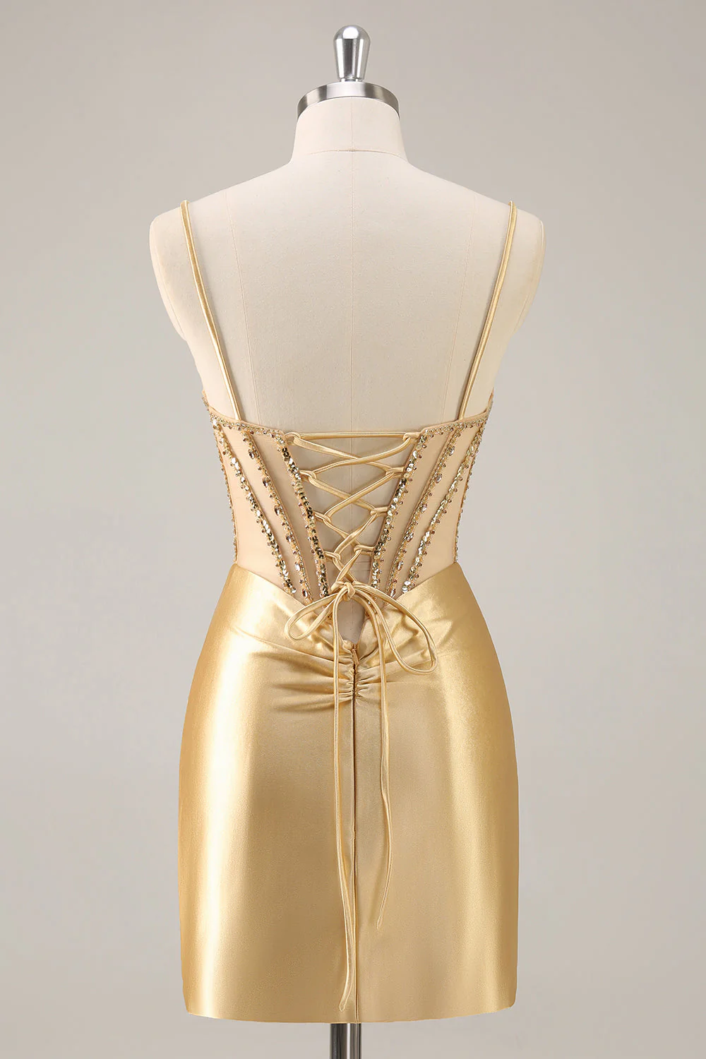 Robe de balle courte perlée à bretelles spaghetti dorées Corset - Image 8