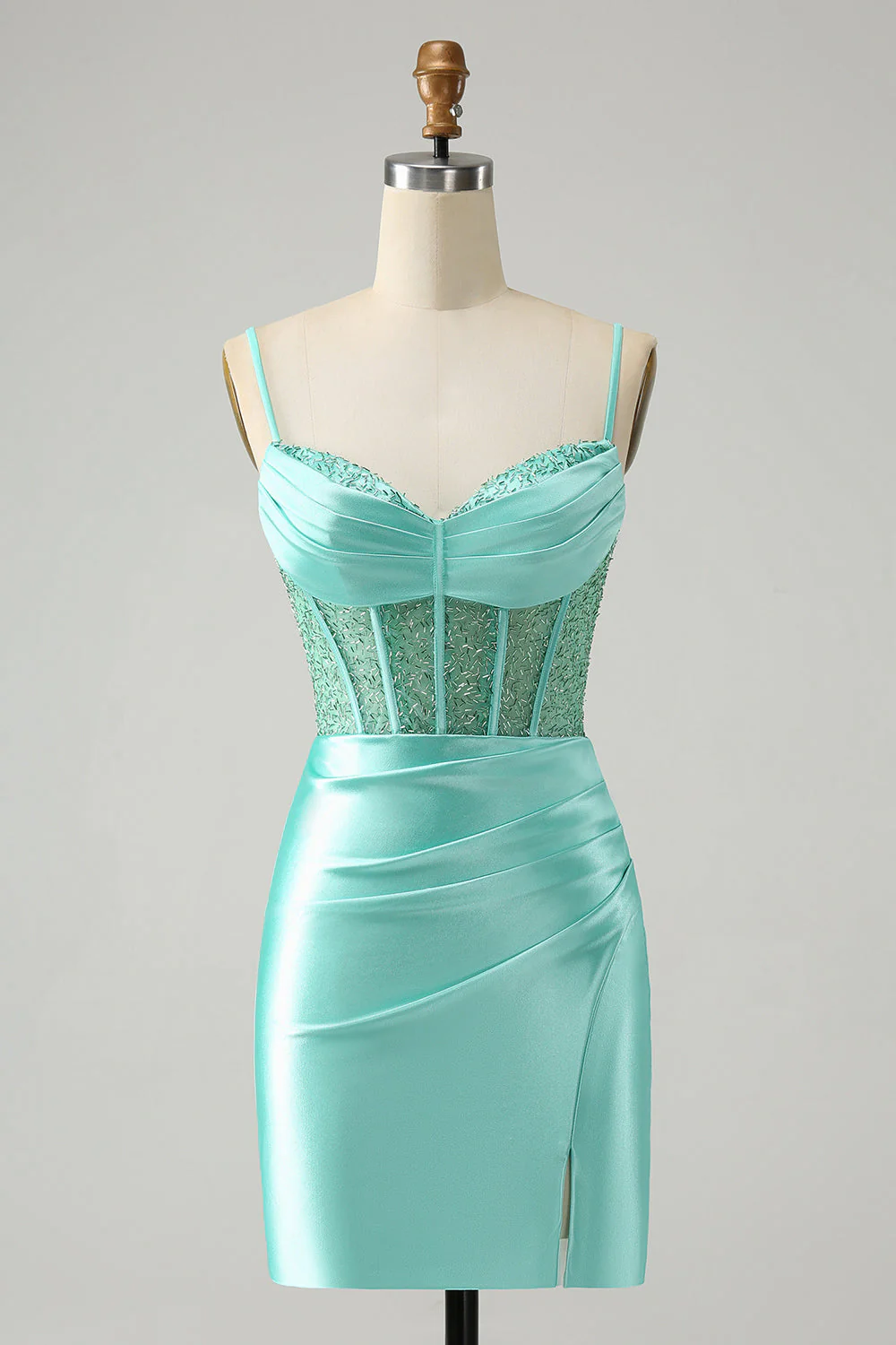Robe de balle en satin corset à bretelles spaghetti rouge élégante avec fente - Image 13