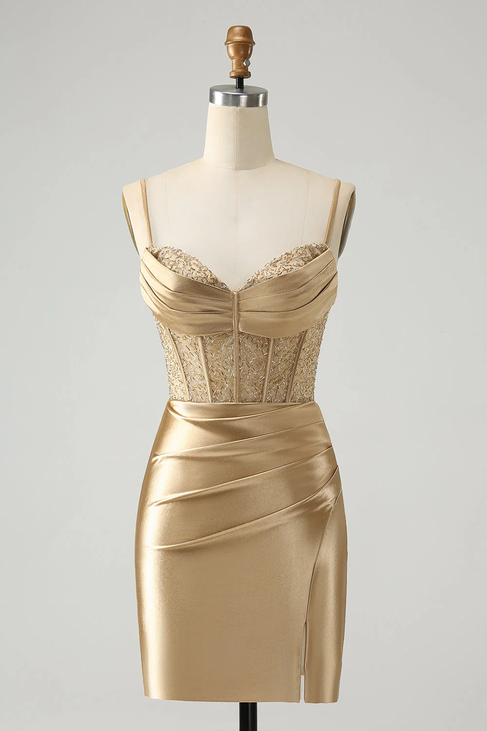 Robe de balle en satin corset à bretelles spaghetti rouge élégante avec fente - Image 7