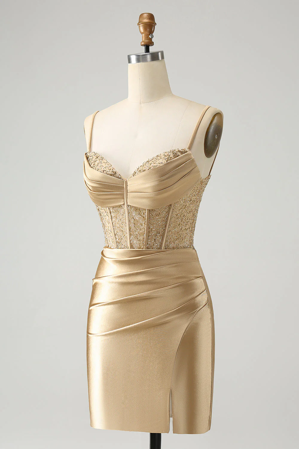 Robe de balle en satin corset à bretelles spaghetti rouge élégante avec fente - Image 9