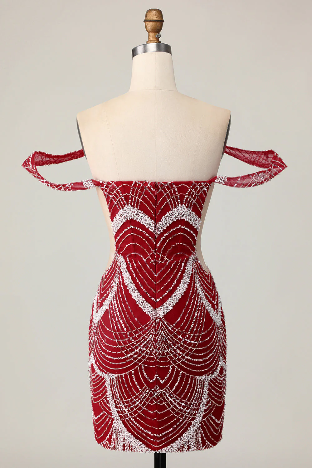 Robe de cocktail moulante rouge à épaules dénudées avec paillettes - Image 8