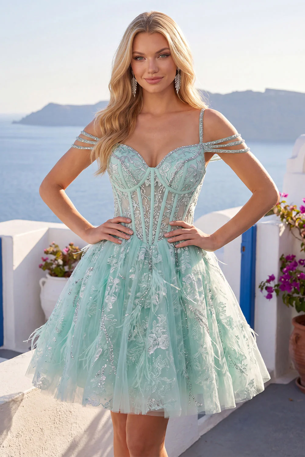 Robe de balles à la maison en train de sortir A-Line menthe à la menthe, corset fleuri perlés et perles - Image 3