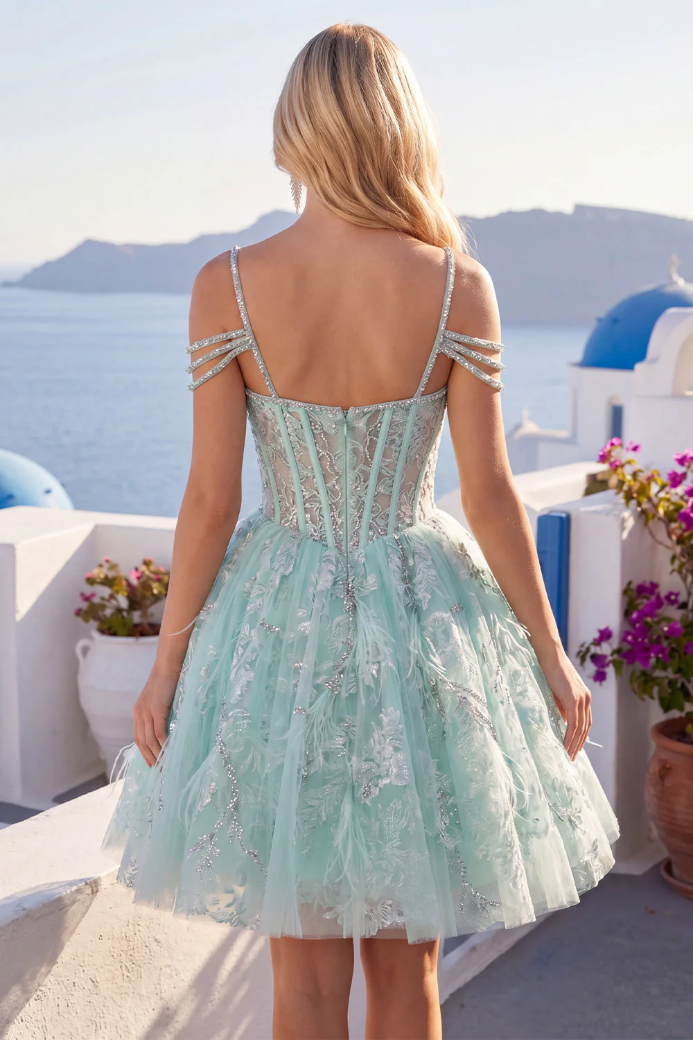 Robe de balles à la maison en train de sortir A-Line menthe à la menthe, corset fleuri perlés et perles - Image 4