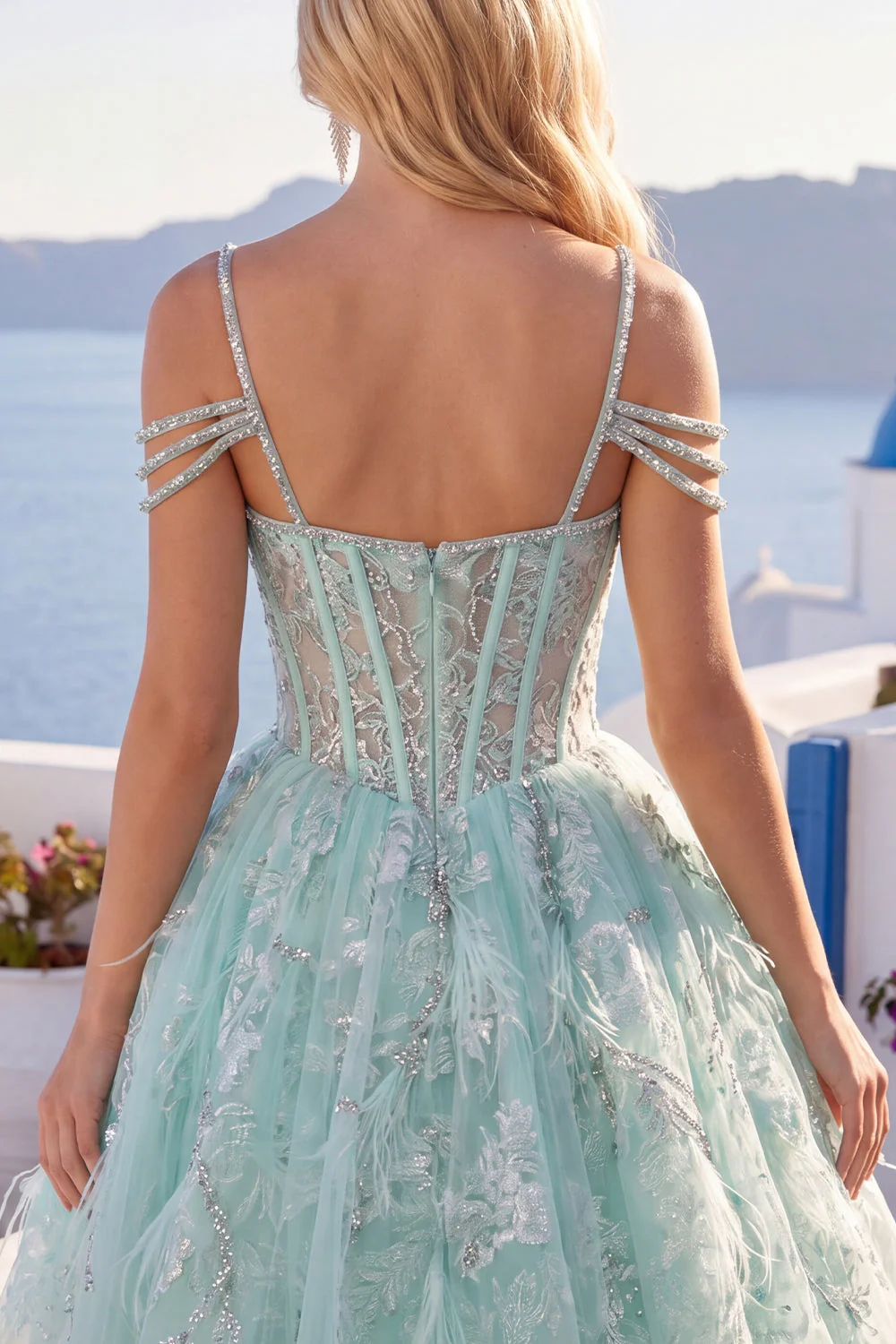 Robe de balles à la maison en train de sortir A-Line menthe à la menthe, corset fleuri perlés et perles - Image 6