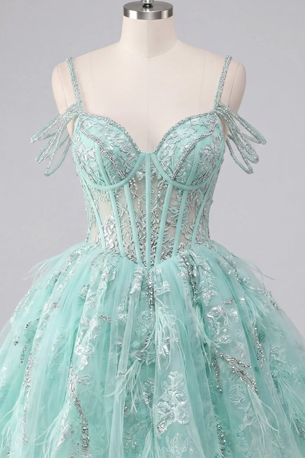 Robe de balles à la maison en train de sortir A-Line menthe à la menthe, corset fleuri perlés et perles - Image 7