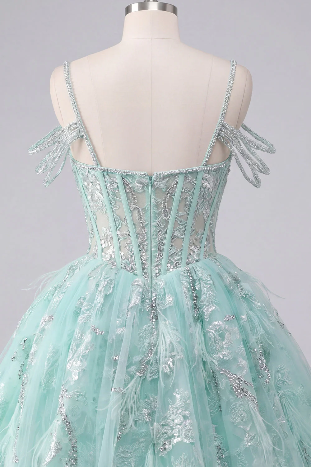 Robe de balles à la maison en train de sortir A-Line menthe à la menthe, corset fleuri perlés et perles - Image 8