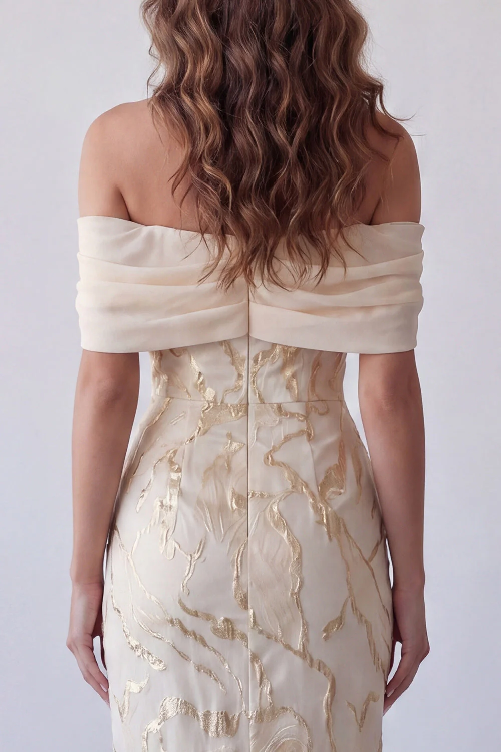 Robe de cérémonie Maxi à motifs bodycon à épaule dénudée au champagne - Image 4