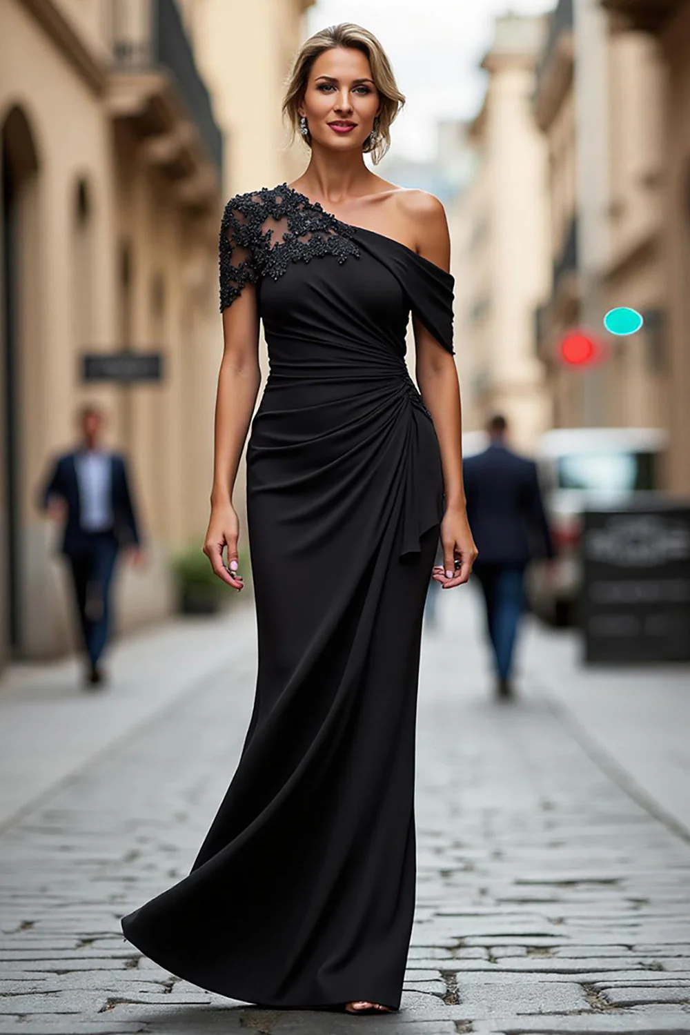 Robe mère de la mariée sirène noire asymétrique à appliques - Image 3