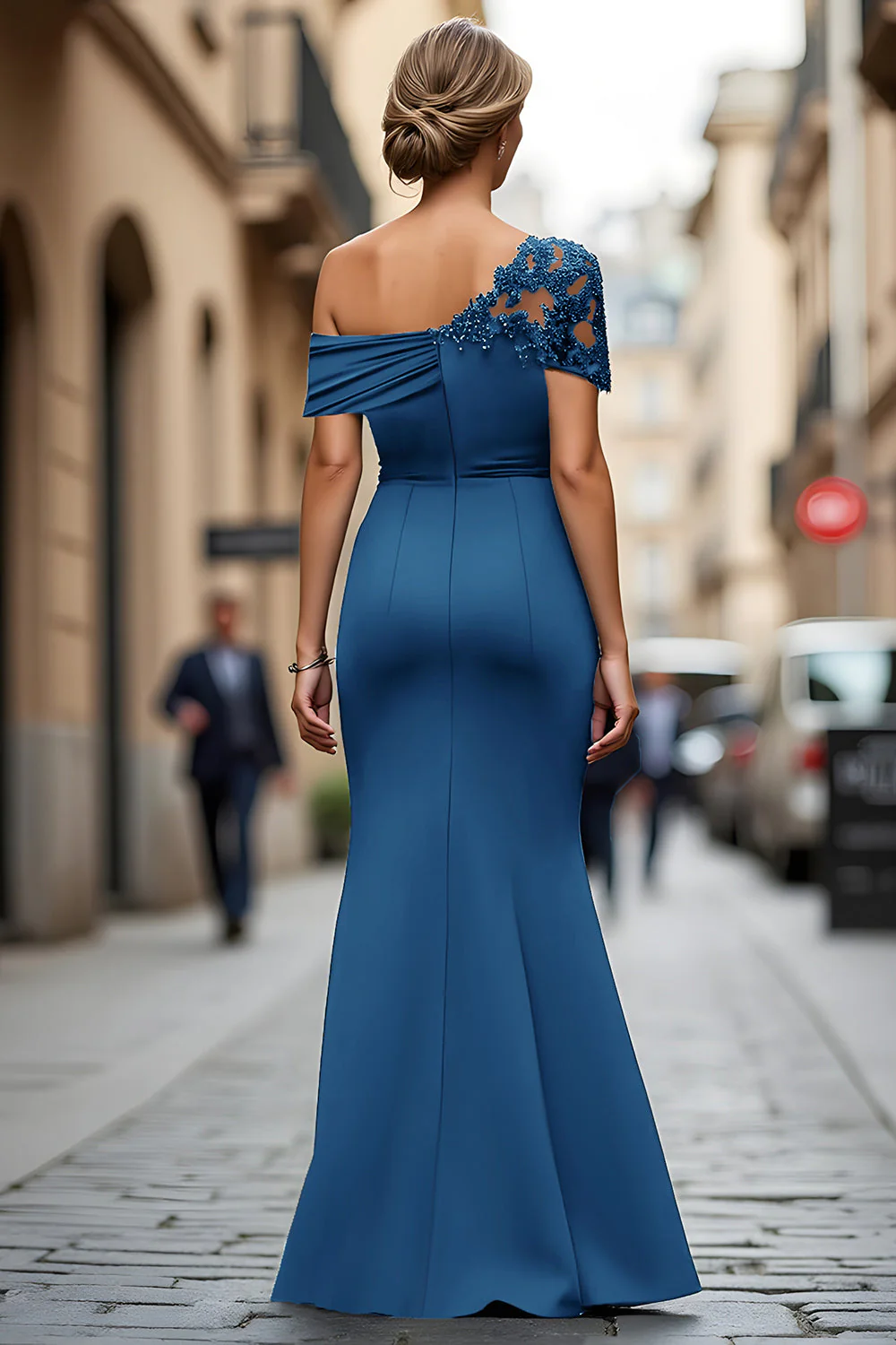 Robe mère de la mariée sirène noire asymétrique à appliques - Image 16