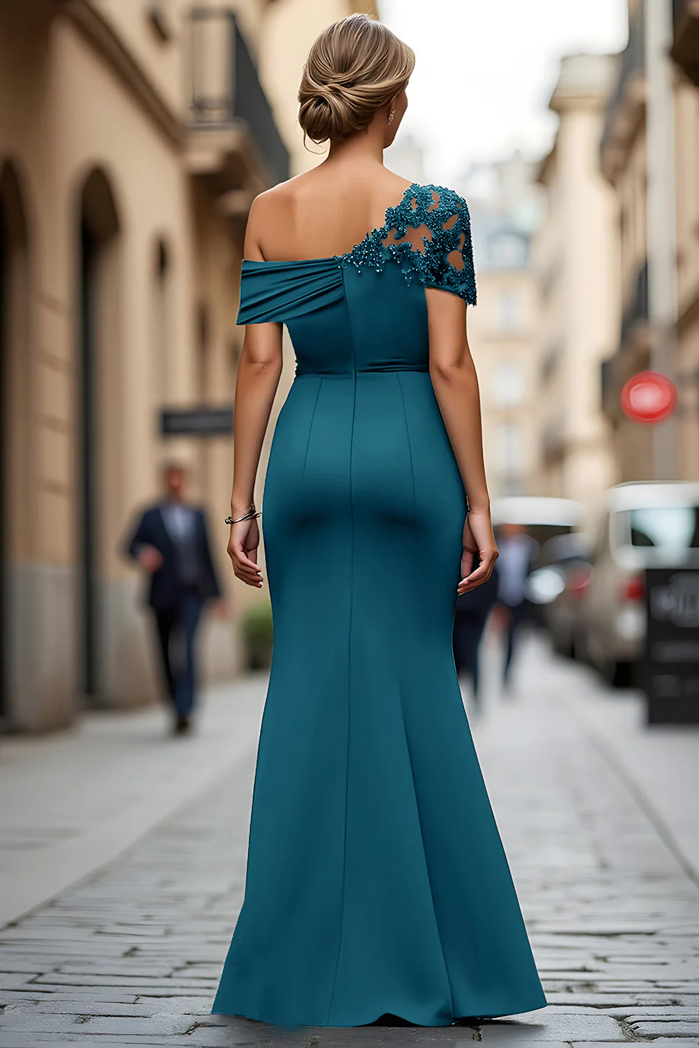 Robe mère de la mariée sirène noire asymétrique à appliques - Image 20