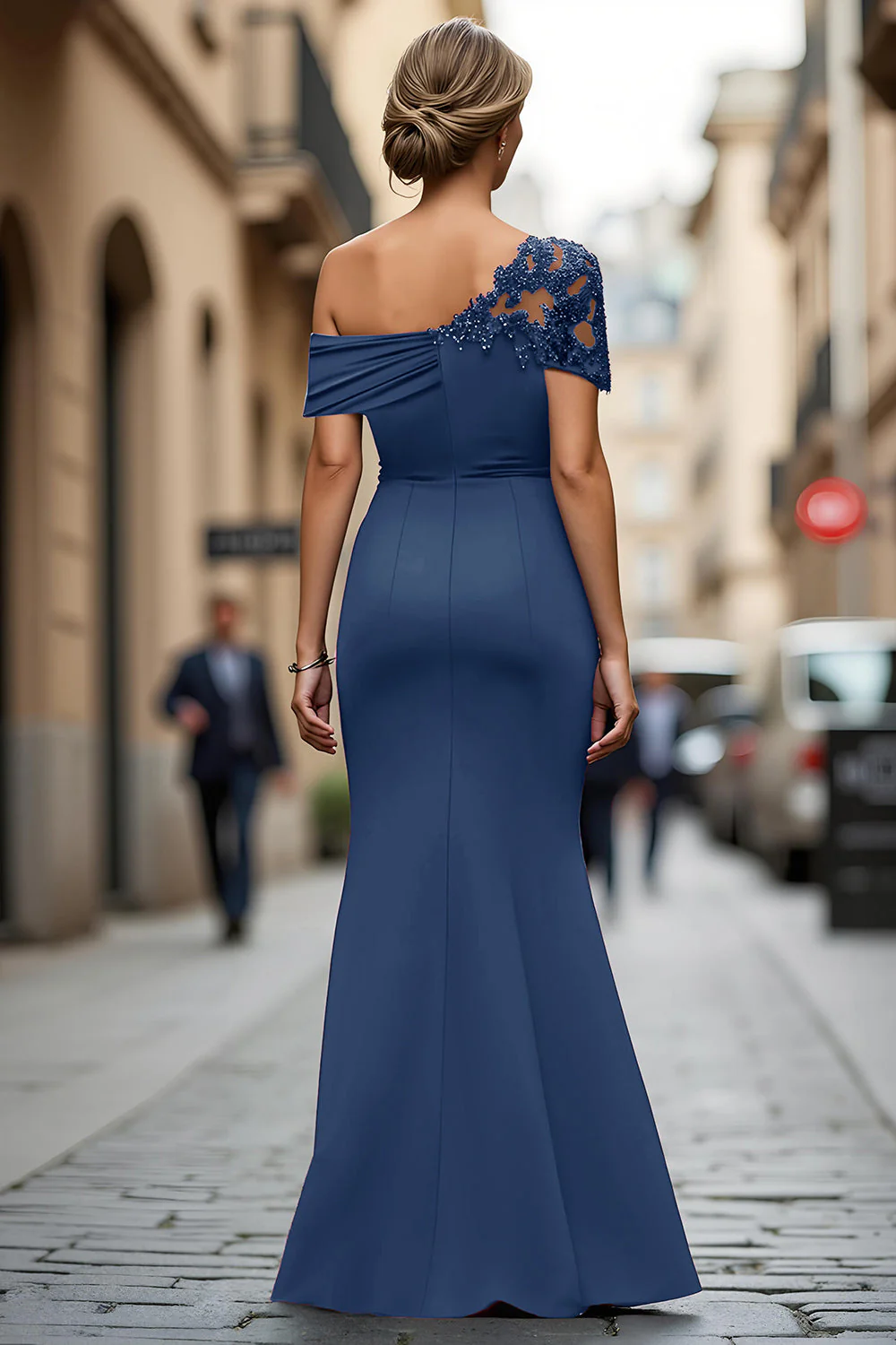 Robe mère de la mariée sirène noire asymétrique à appliques - Image 34